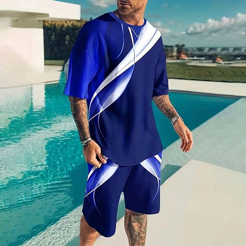 Herren Sommer Geometrisch Linie 2St T-Shirts-Sets Sommeroberteile Kurzarm Kurze Hosen Rundhalsausschnitt Athleisure Sport Outdoor Sport Alltagstauglich Rundhalsausschnitt Blau Lightinthebox