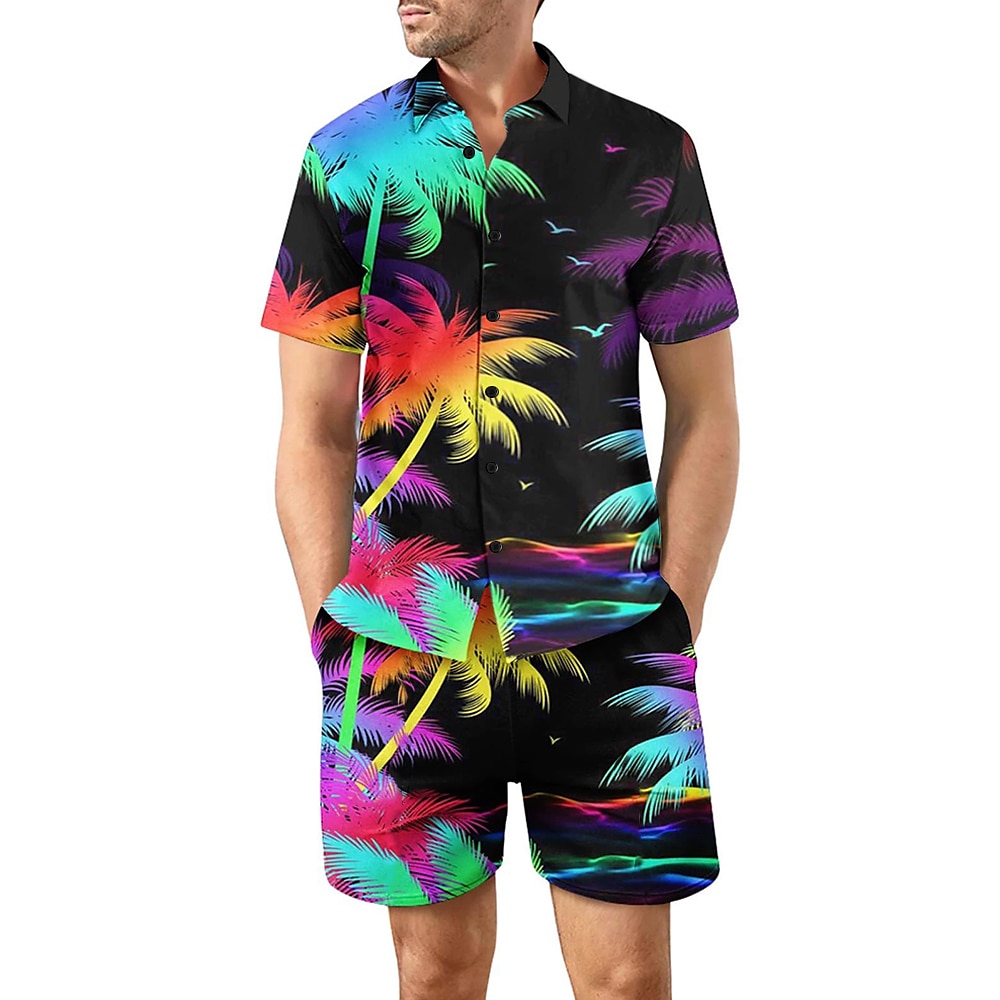 Herren Palme 2St Sommertops Kurzarm Kurze Hosen Hemden-Sets Umlegekragen Urlaub Brautkleider schlicht Casual Täglich Urlaubskleidung 3D-Druck Schwarz Lightinthebox