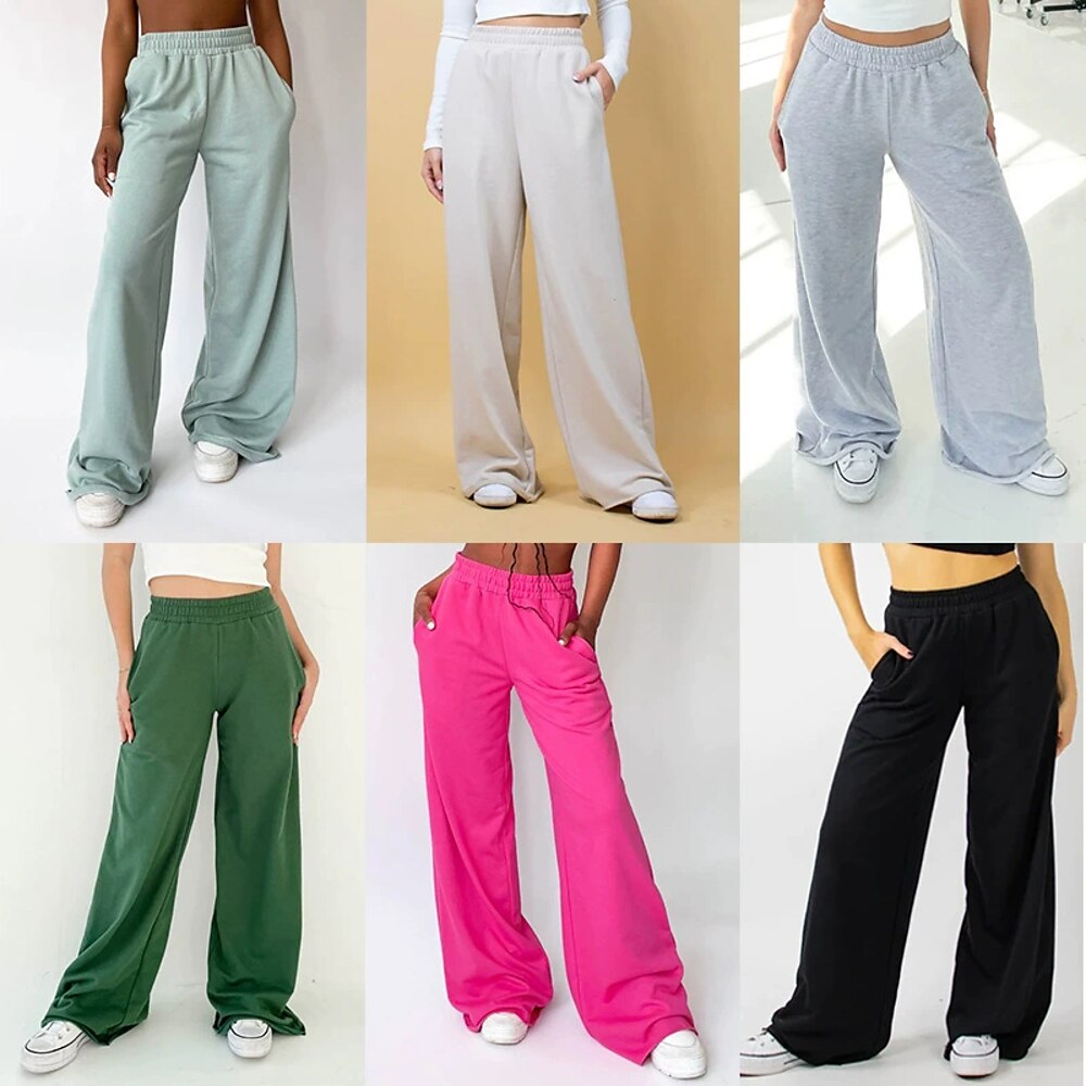 Damen Weites Bein Stoffhosen Streetwear Lässig Volle Länge Natürliche Taille Einfach Tasche Elastischer Bund Bequem Außenbereich Straße Täglich Grau Schwarz Hellgrün Armeegrün Sommer Normale Passform Lightinthebox