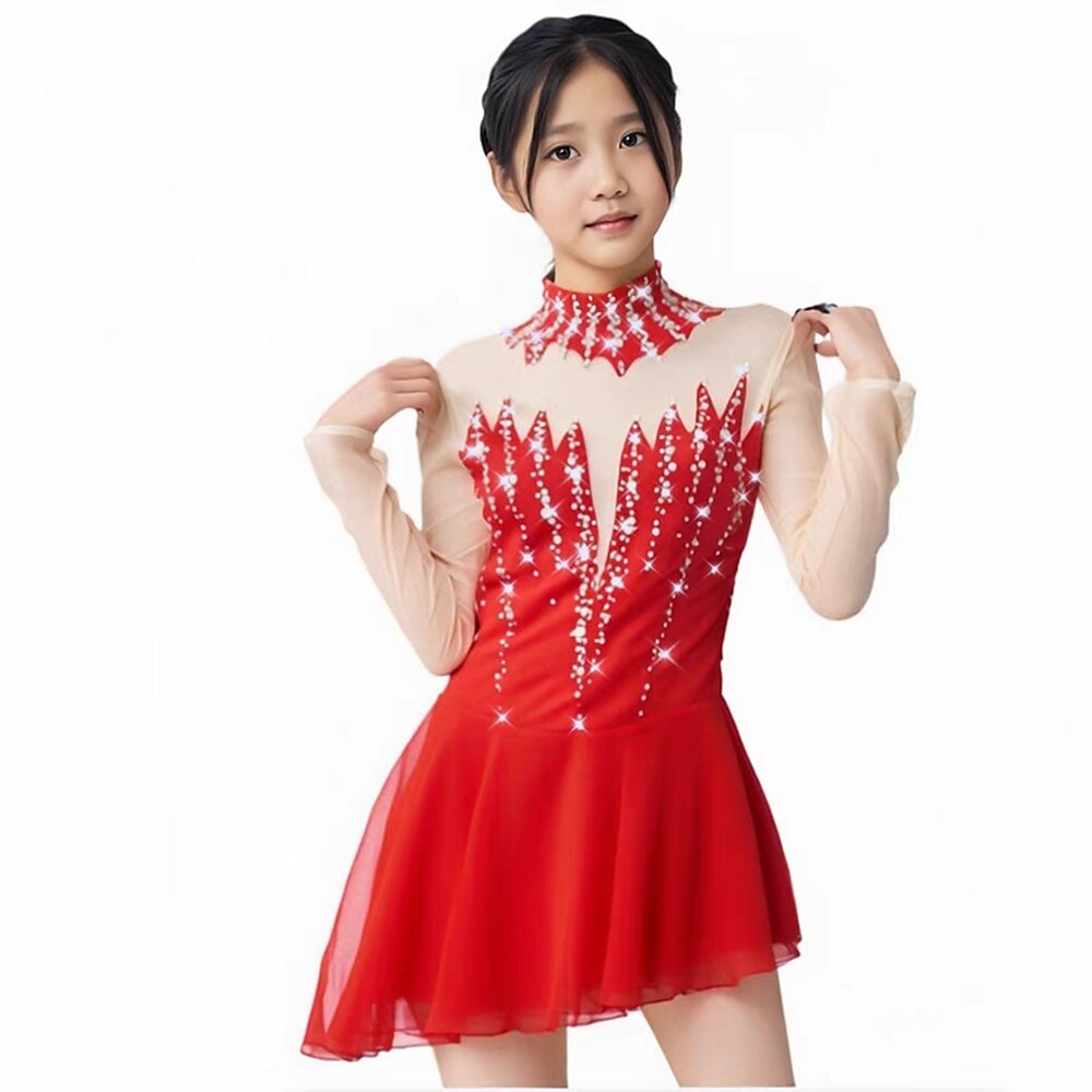 Eiskunstlaufkleid Damen Mädchen Eislaufen Kleid Schwarz Rot Daumenloch Asymmetrischer Saum Netzstoff Spandex Dehnbar Training Übung Professionell Eiskunstlaufkleidung Thermowarm Klassisch Kristall Lightinthebox