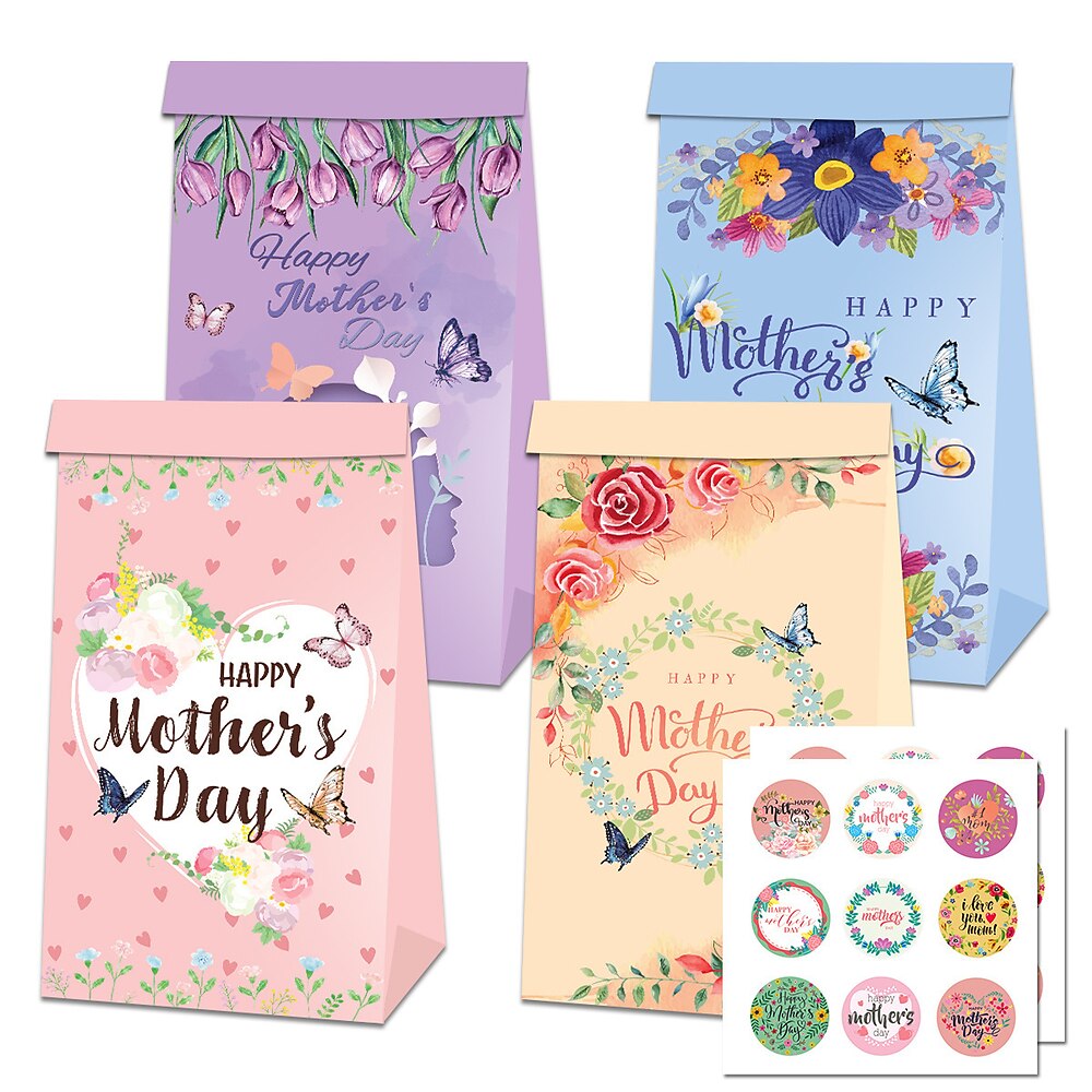 Geschenktüten-Set zum Muttertag, 12 Papiertüten, 18 Aufkleber, Süßigkeiten-Snack-Verpackungstüten mit Blumenmotiv, Party-Geschenktüten mit Siegelaufklebern Lightinthebox