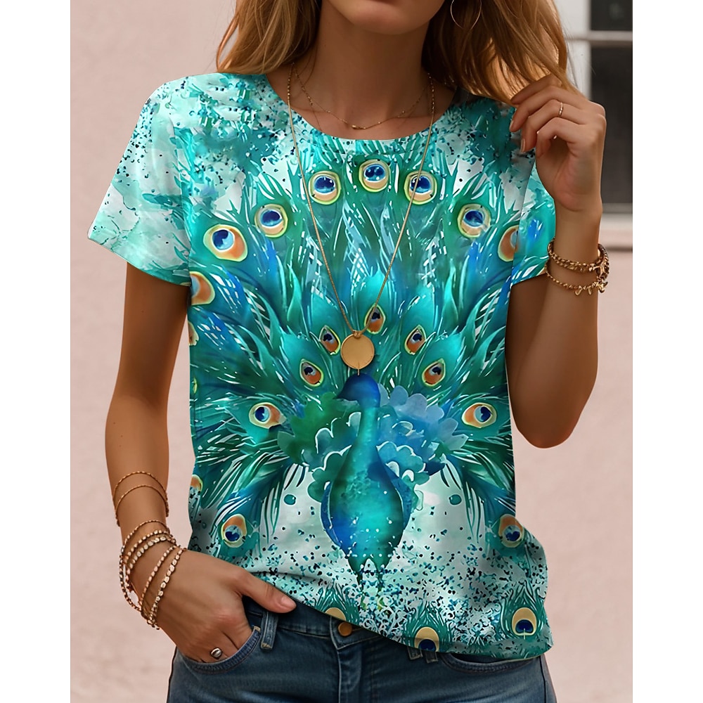 Damen T Shirt Farbverlauf Graphic Feder Brautkleider schlicht Kurzarm Rundhalsausschnitt Normale Oberteile Täglich Ausgehen Wochenende Bedruckt Gras-Grün Salbeigrün Weiß Gelb Dunkelgrün Sommer Lightinthebox