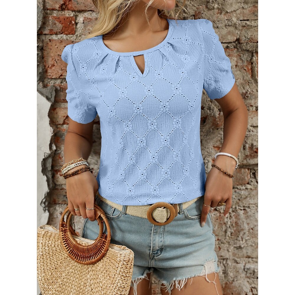Damen Bluse Einfarbig Stilvoll Lässig Kurzarm Rundhalsausschnitt Normale Oberteile Täglich Lochmuster Schwarz Himmelblau Grün Beige Sommer Lightinthebox