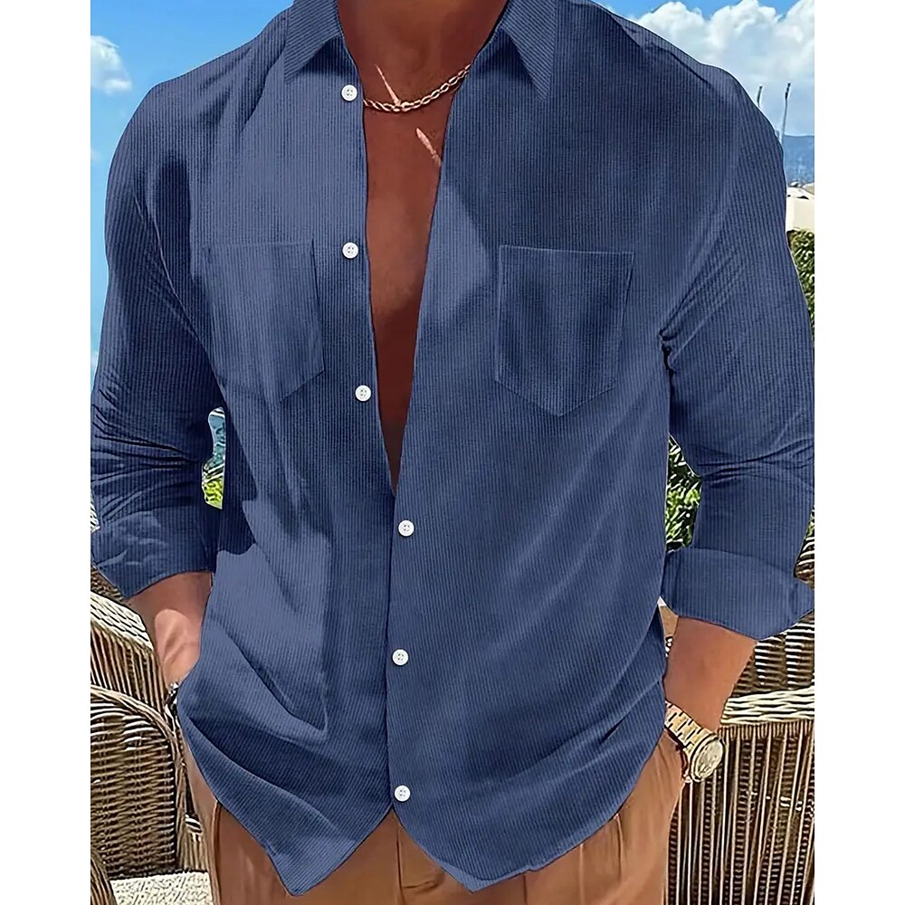 Herren Hemd Sommerhemd Freizeithemd Strandhemd Knopfhemd Weiß Gelb Rosa Dunkelmarine Königliches Blau Langarm Einfach Revers Urlaub Hawaiianisch Fronttasche Bekleidung Polyester Mode Lässig Bequem Lightinthebox