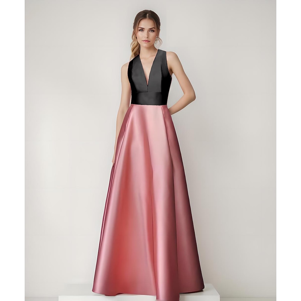 Abendkleid in A-Linie, elegantes Kleid, Farbblock, ausgehöhlter Rücken, formelle Hochzeit, bodenlang, ärmellos, V-Ausschnitt, Satin mit Seitentasche 2025 Lightinthebox