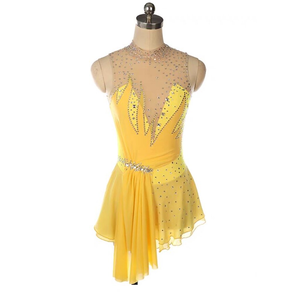 Eiskunstlaufkleid Damen Mädchen Eislaufen Kleid Gelb Patchwork Offener Rücken Netzstoff Spandex Dehnbar Training Übung Professionell Eiskunstlaufkleidung Thermowarm Kristall / Strass Ärmellos Lightinthebox