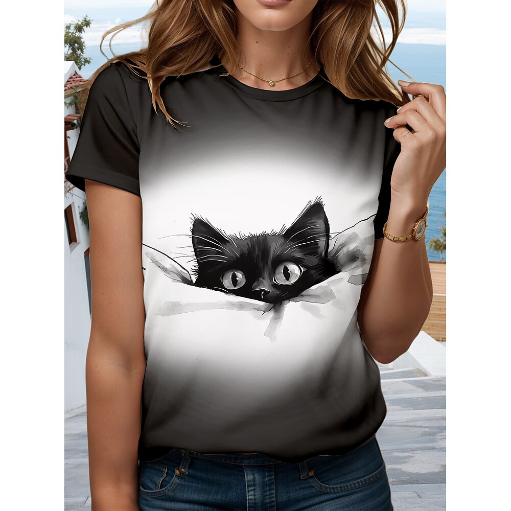 Damen T Shirt Grafik Tiermotiv Katze Stilvoll Modern Lässig Kurzarm Rundhalsausschnitt Rundhals Normale Oberteile Täglich Ausgehen Wochenende Druck Schwarz Sommer Frühling Lightinthebox