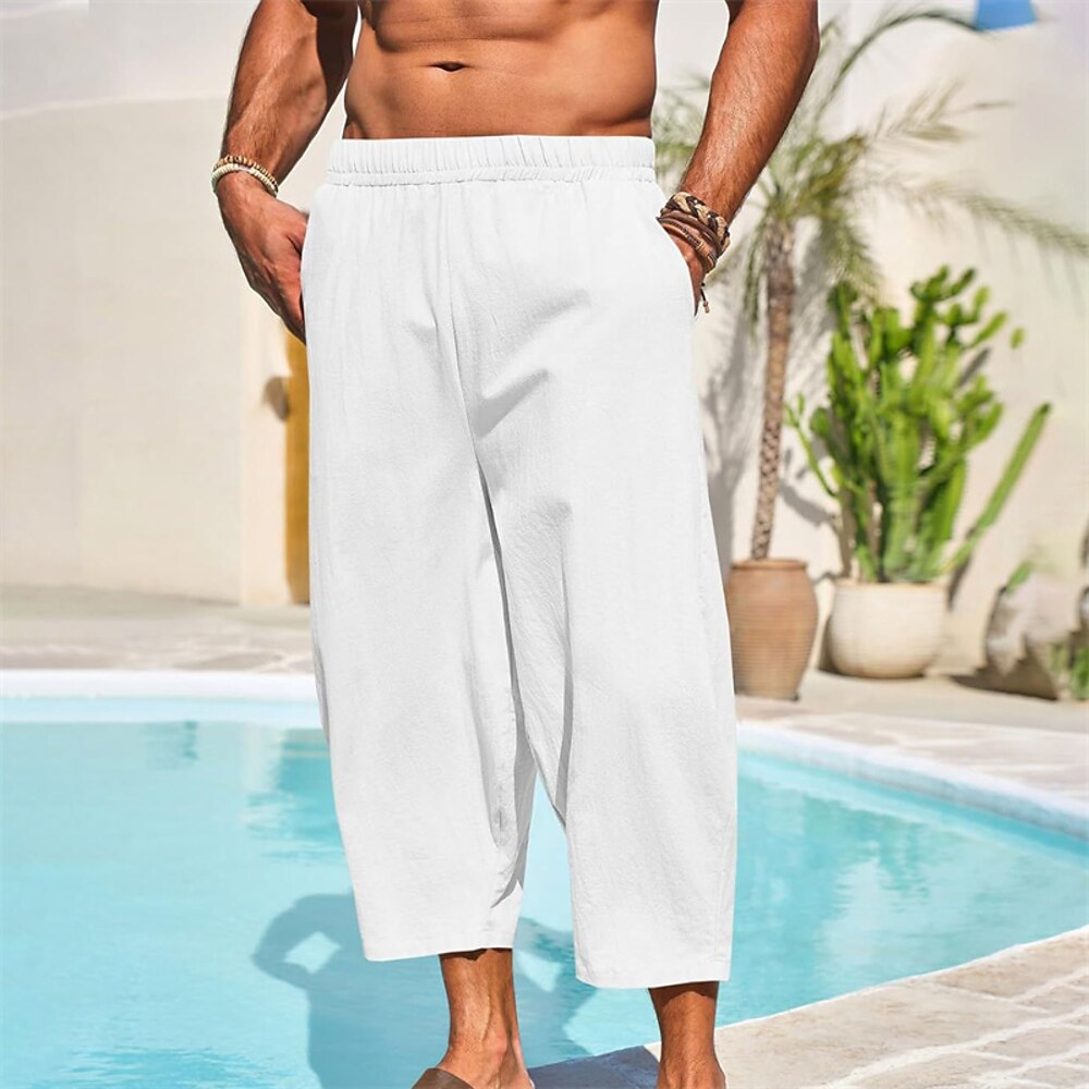 Herren Leinenhosen Caprihose Hose Sommerhose Strandhose Tasche Elastischer Bund Einfach Komfort Atmungsaktiv Urlaub Täglich Ferien Hawaiianisch Boho Armeegrün Schwarz Lightinthebox