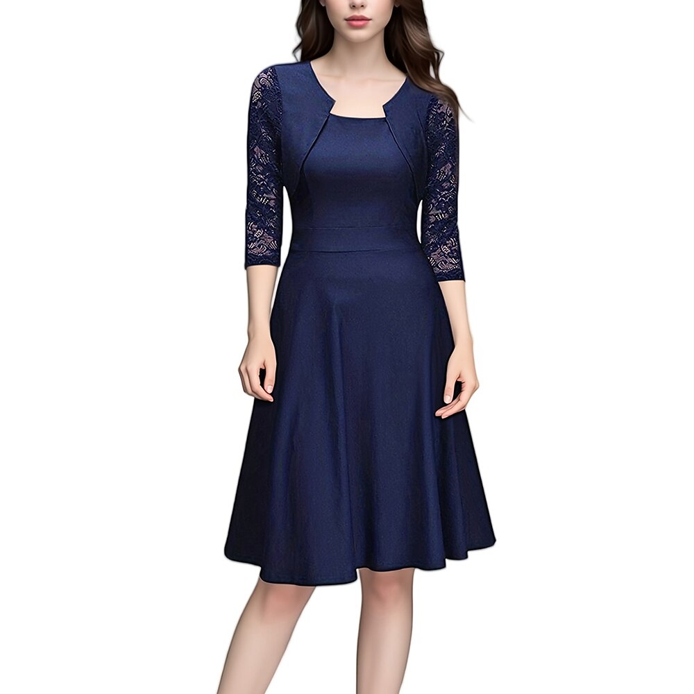Damen Midikleid Vintage-Kleid Elegantes Kleid Elegant Vintage Normale Passform Vintage Dreiviertelarm Quadrathals Schwarz Wein Rote Marineblau Sommer Frühling Herbst Lightinthebox