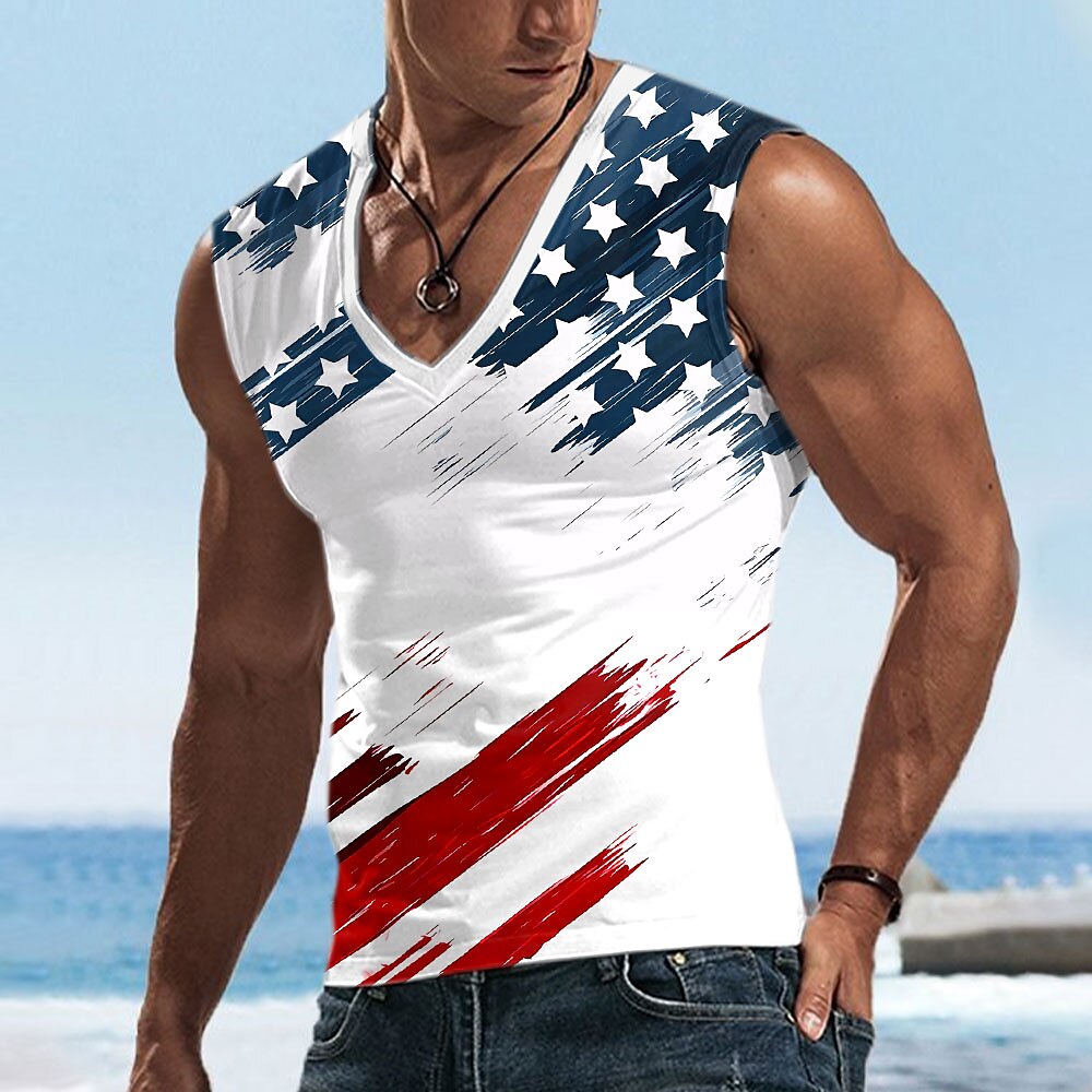 Herren Amerikanische US-Flagge T Shirt Ärmellos T-Shirt 3D-Druck V Ausschnitt Hemd Tropisch Outdoor Urlaub Hawaiianisch Weiß 1 Weiß Sommer Frühling Bekleidung S M L XL XXL XXXL Lightinthebox