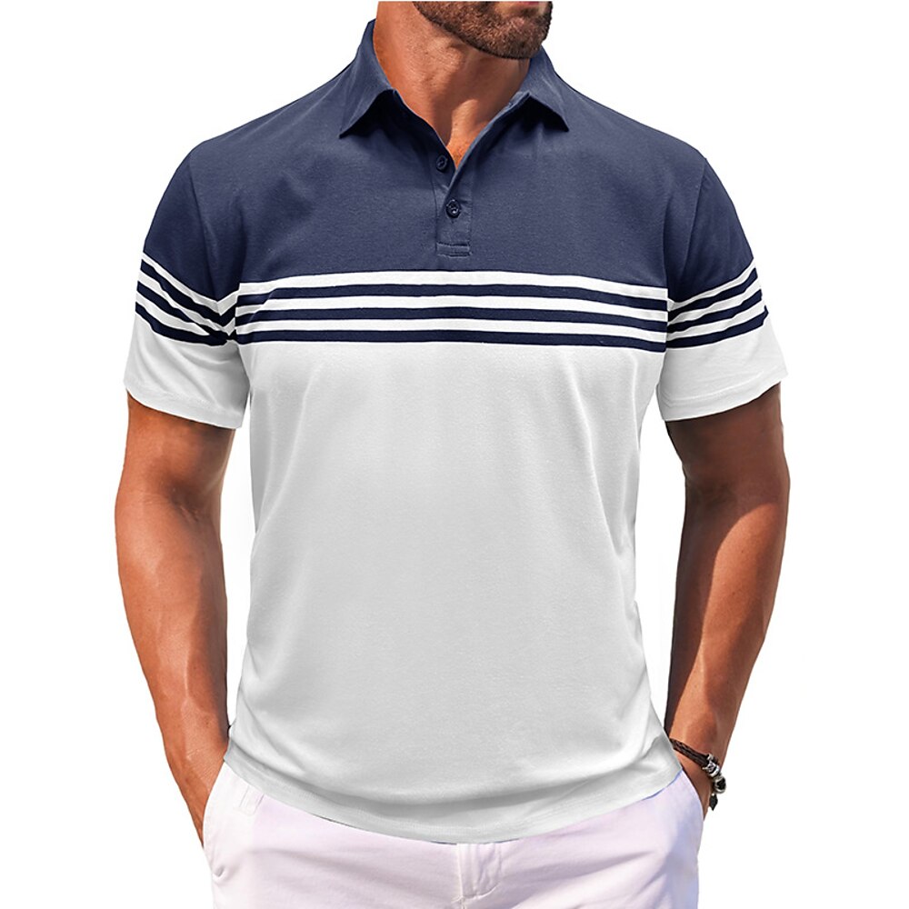 Herren Poloshirt aus Baumwollmischung Golfshirt Lässig Sport Klassisch Kurzarm Mode Cool Farbblock Streifen Knöpfe Sommer Frühling Herbst Normale Passform Dunkelbraun Dunkelgrau Schwarz Lightinthebox