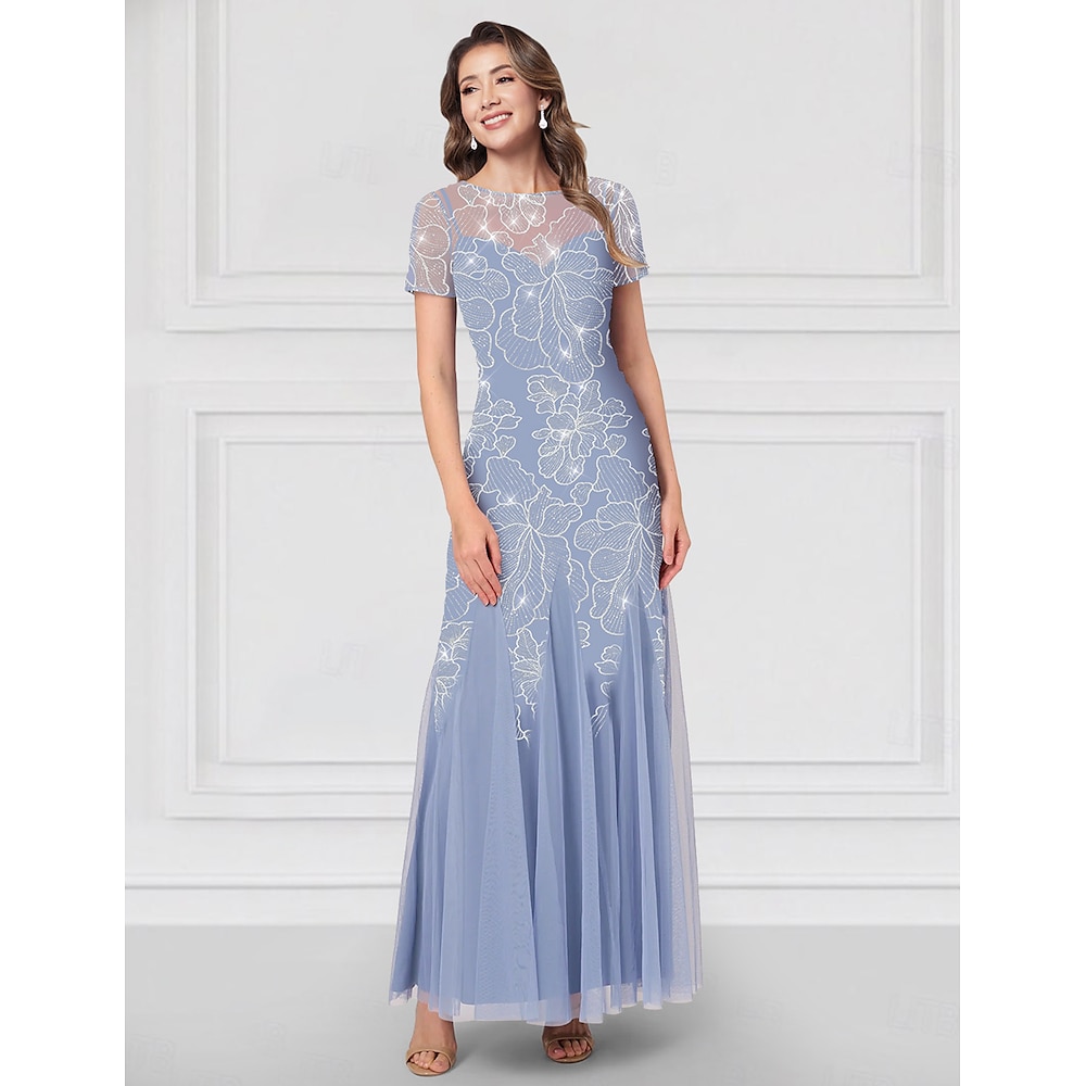 blau-gelbes Perlenkleid in A-Linie für die Mutter der Braut, elegantes Vintage-Kleid mit Illusionsausschnitt, knöchellang, Tüll, kurze Ärmel, mit Blumenstickerei 2025 Lightinthebox