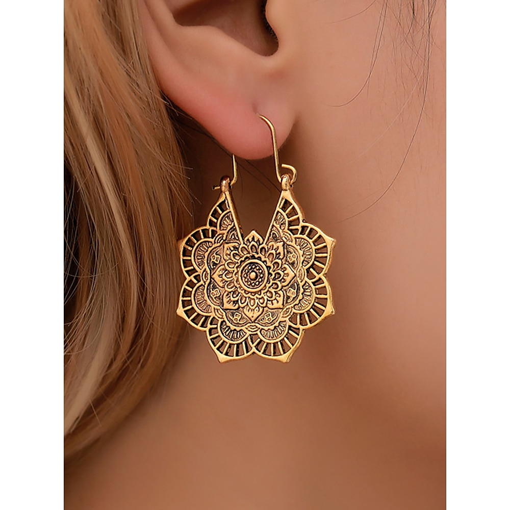 Bohemian Mandala Tropfenohrringe - vergoldete Vintage-Ohrhänger mit hohlen Blumen für Damen, ethnischer Statement-Schmuck für Festivals, Partys und den Alltag Lightinthebox