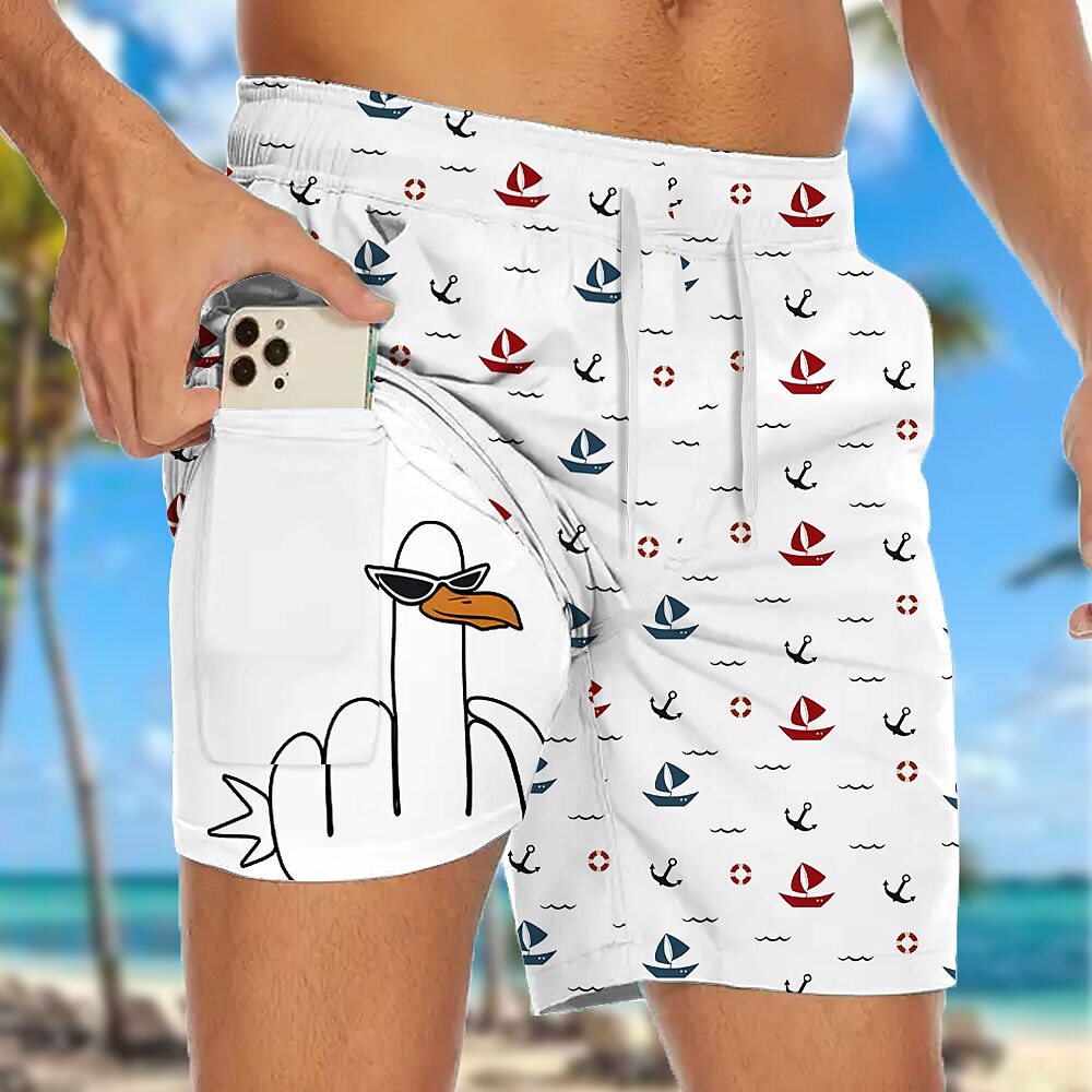 Herren Lustig Ente Segelboot Gefütterte Shorts 2 in 1 Badeshorts Badeshorts Mittlere Taille Hawaiianisch Urlaub Strandbekleidung Seitentaschen Mit Kompressionsfutter Elastischer Kordelzug in der Lightinthebox