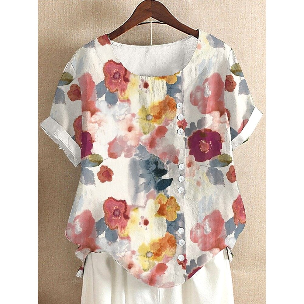 Damen Hemd Bluse Blumen Grafik Elegant Täglich Kurzarm Rundhalsausschnitt Normale Oberteile Täglich Druck Pudriges Rosa Sommer Lightinthebox