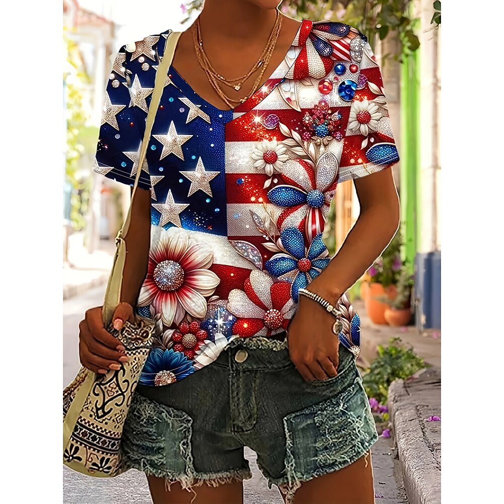 Amerikanischer Unabhängigkeitstag Damen T Shirt Blumen Grafik Flagge Stilvoll Lässig Kurzarm V Ausschnitt Normale Oberteile Täglich Druck Rote Sommer Lightinthebox