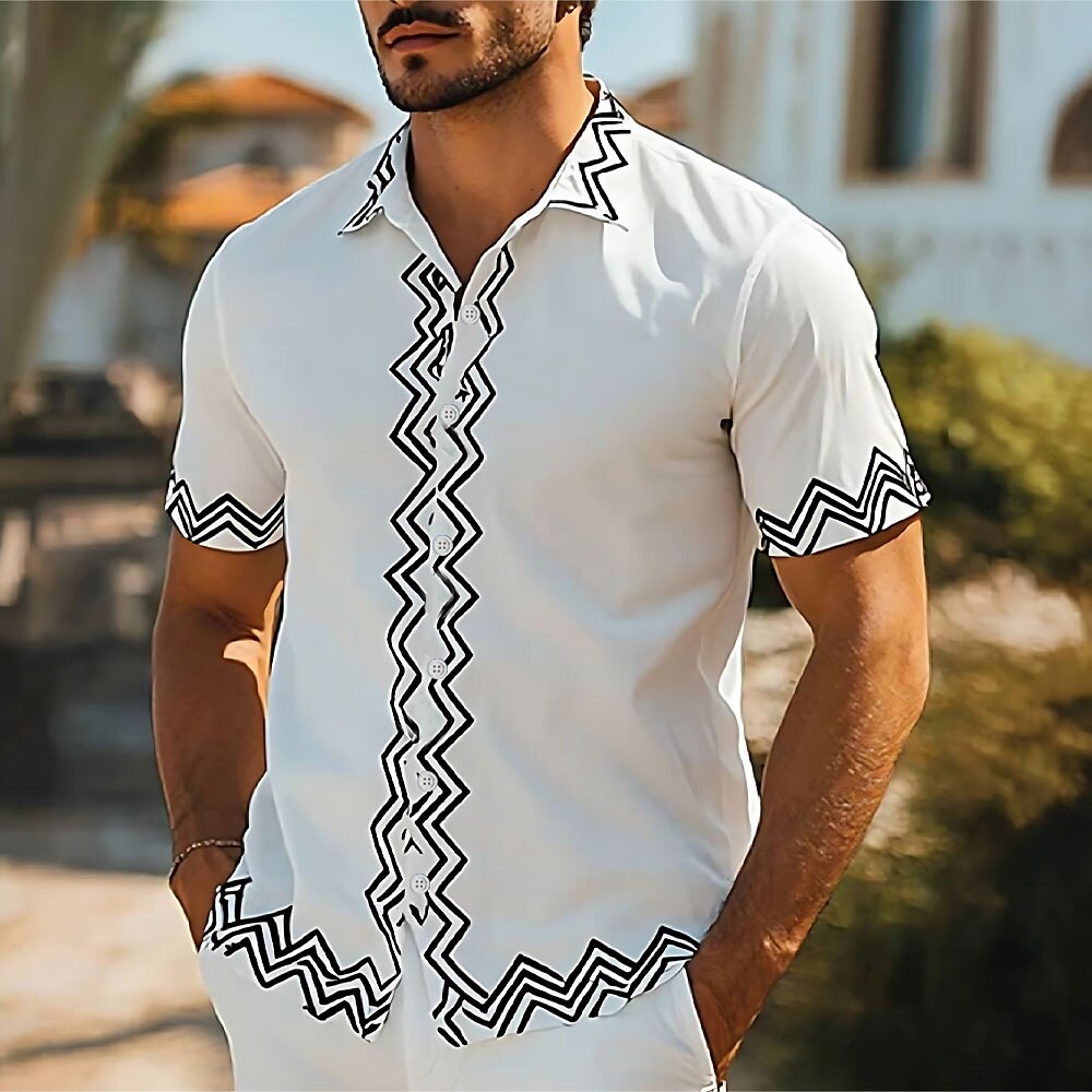 Herren Geometrisch Linie Hemd Freizeithemd Knopfhemd Kurzarm Modisch lässig Outdoor Urlaub Streetwear Sommer Frühling Umlegekragen 3D-Druck Hemden mit Kragen Weiß Lightinthebox