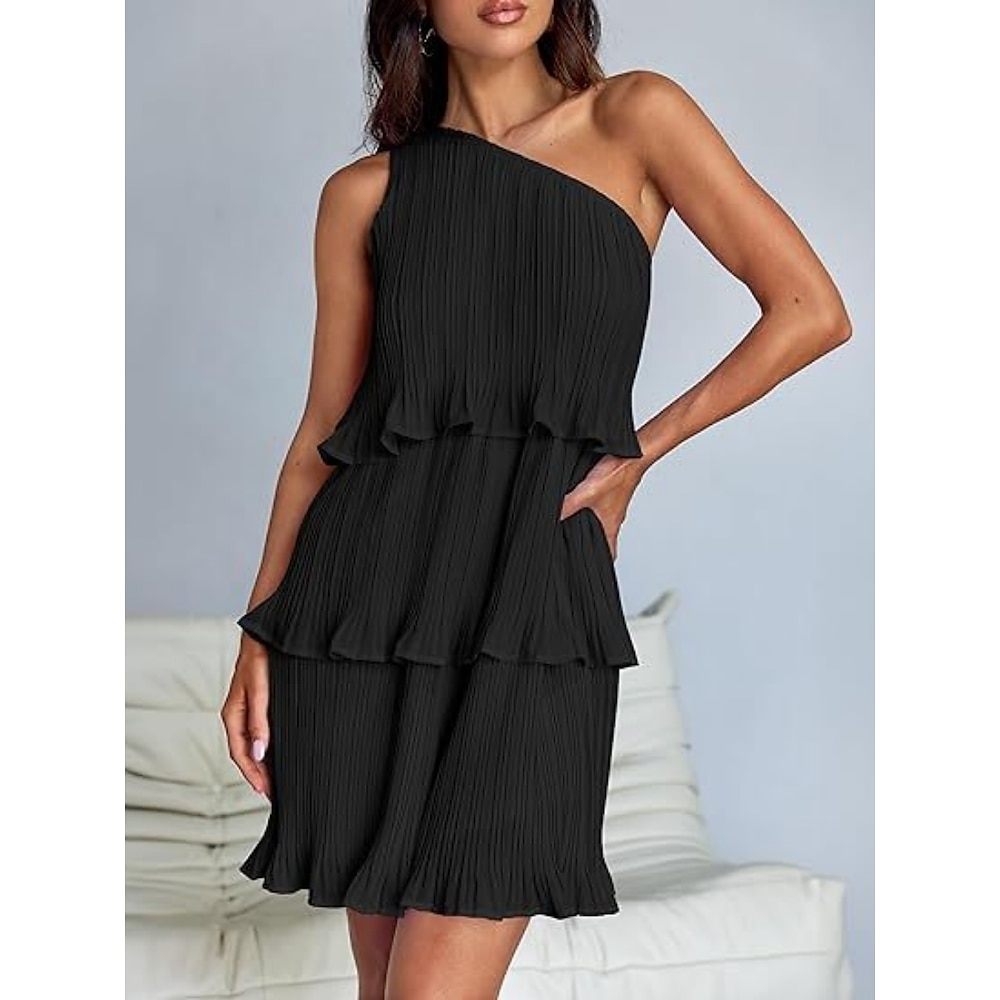 Damen Mini Kleid Rüschkleid Off-Shoulder Kleid Freizeit Urlaub Regulärer Fit Einfarbig Ärmellos Ein-Schulter Schwarz Weiß Rosa Rot Sommer Lightinthebox