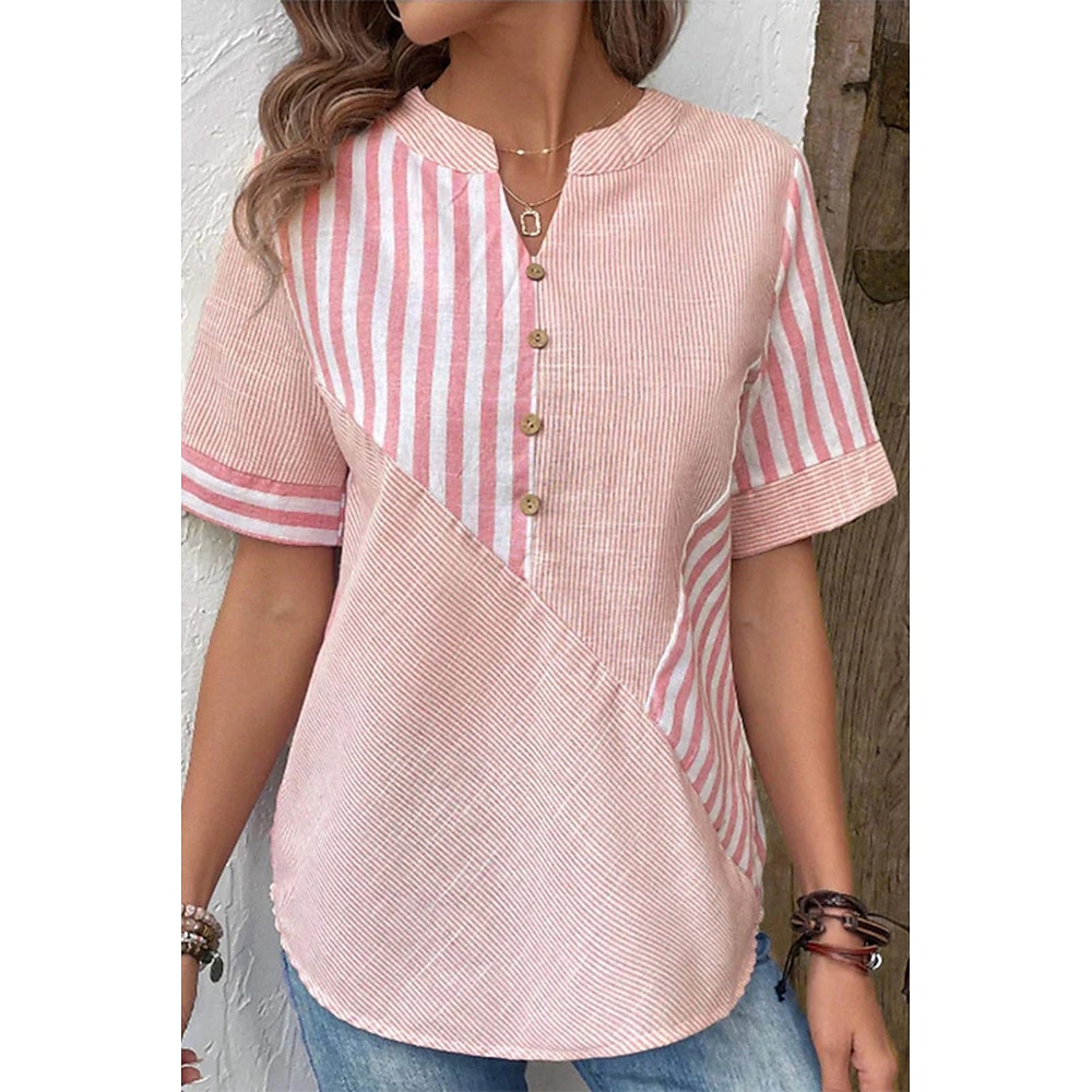 Damen Baumwoll-Leinenhemd Bluse Gestreift Modern Lässig Kurzarm V Ausschnitt Normale Oberteile Täglich Ferien Ausgehen Knöpfe Hellgrün Rosa Königsblau Sommer Lightinthebox