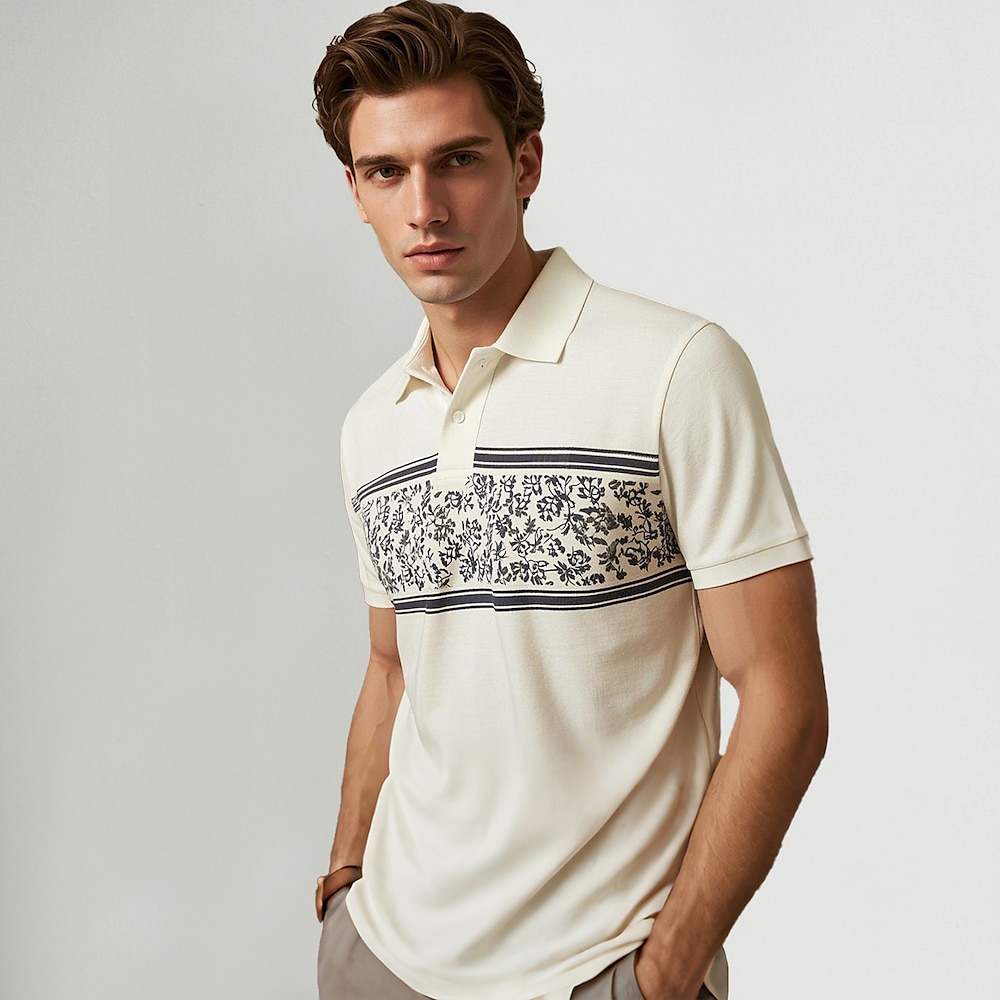 Herren Polo Strick-Polopullover Lässig Ferien Umlegekragen Kurzarm Basic Blumen Drucken Grafik Sommer Ganzjahres Normale Passform Beige Polo Lightinthebox