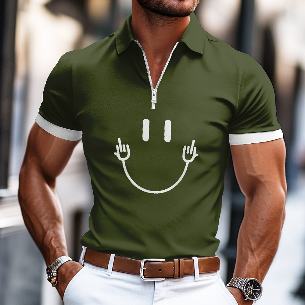 Herren Sommer Lächelndes Gesicht Reißverschluss-Polo Kurzarm Umlegekragen Alltagstauglich Outdoor Athleisure Alltagstauglich Reißverschluss Schwarz Dunkelgrün Orange Lightinthebox