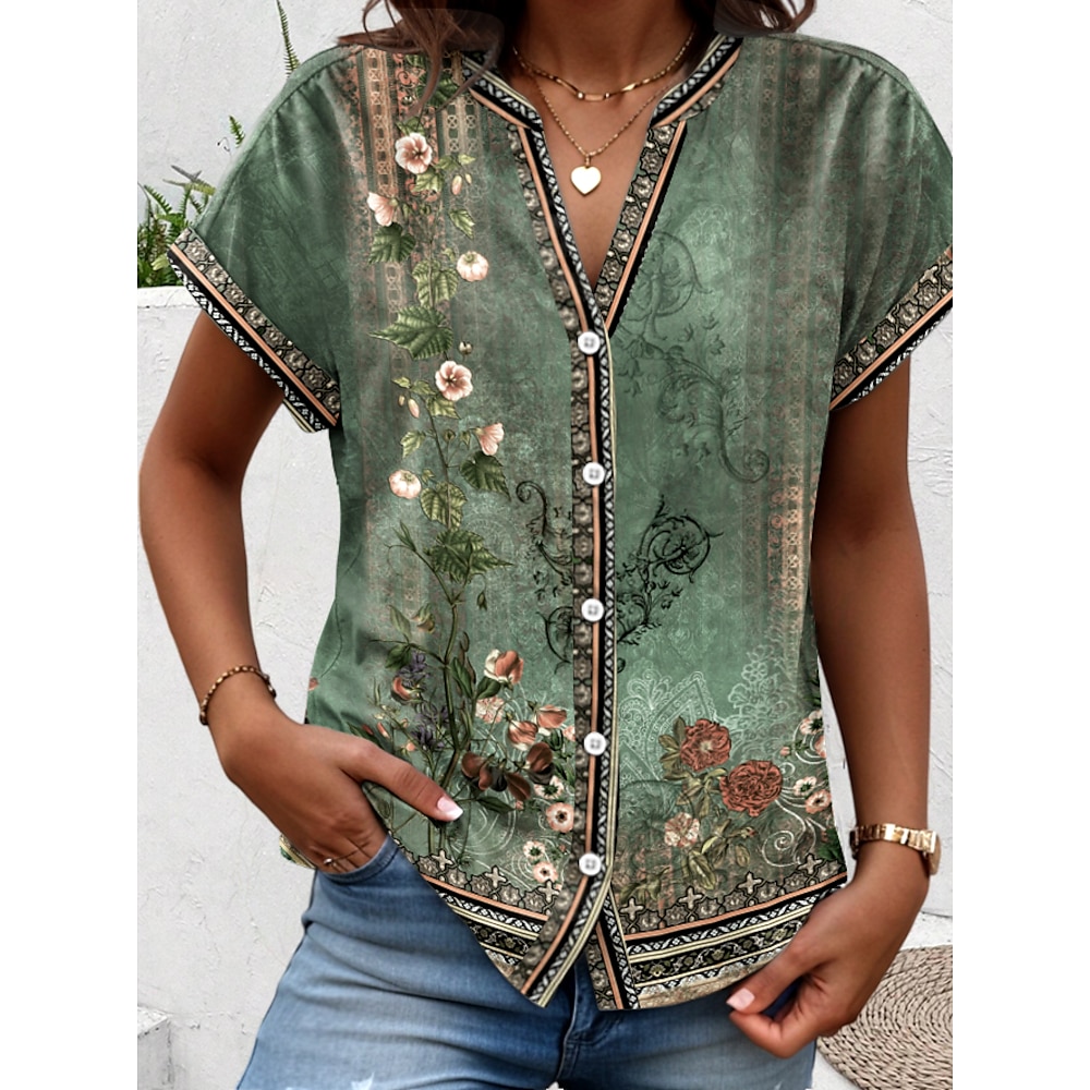 Damen T-Shirt Floral Grafik Vintage Stylisch Ethnisch Kurzarm Bluse Kragen Reguläre Tops Alltag Knöpfe Druck Salbeigrün Frühling Herbst Lightinthebox