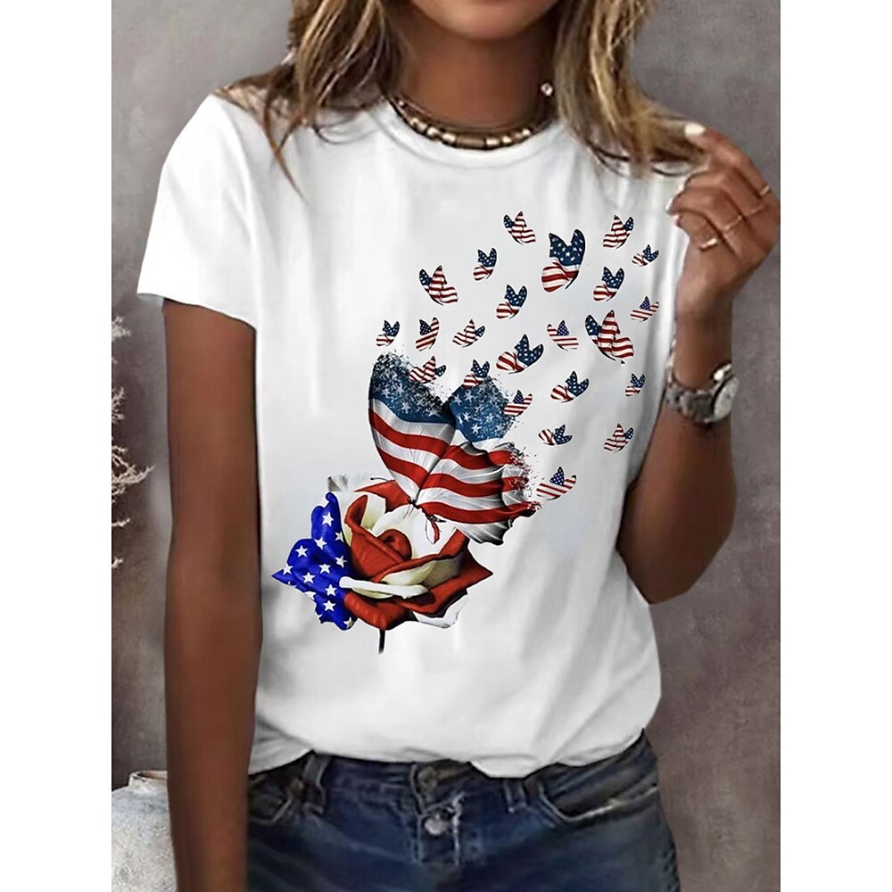 Amerikanischer Unabhängigkeitstag Damen T Shirt Grafik Buchstabe Stilvoll Lässig Kurzarm Rundhals Normale Oberteile Täglich Wochenende Druck Weiß Sommer Frühling Lightinthebox