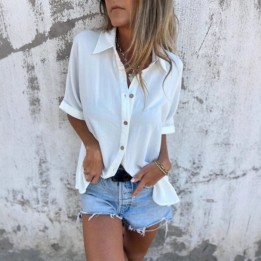 Damen Hemd Bluse Einfarbig Elegant Lässig Kurzarm Hemdkragen Normale Oberteile Täglich Ferien Knöpfe Schwarz Weiß Rote Purpur Khaki Sommer Frühling Lightinthebox