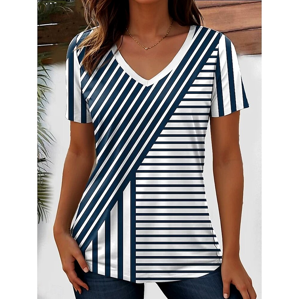 Damen T Shirt Grafik Gestreift Stilvoll Klassisch Lässig Kurzarm Rundhalsausschnitt Normale Oberteile Täglich Wochenende Druck Marineblau Sommer Frühling Lightinthebox