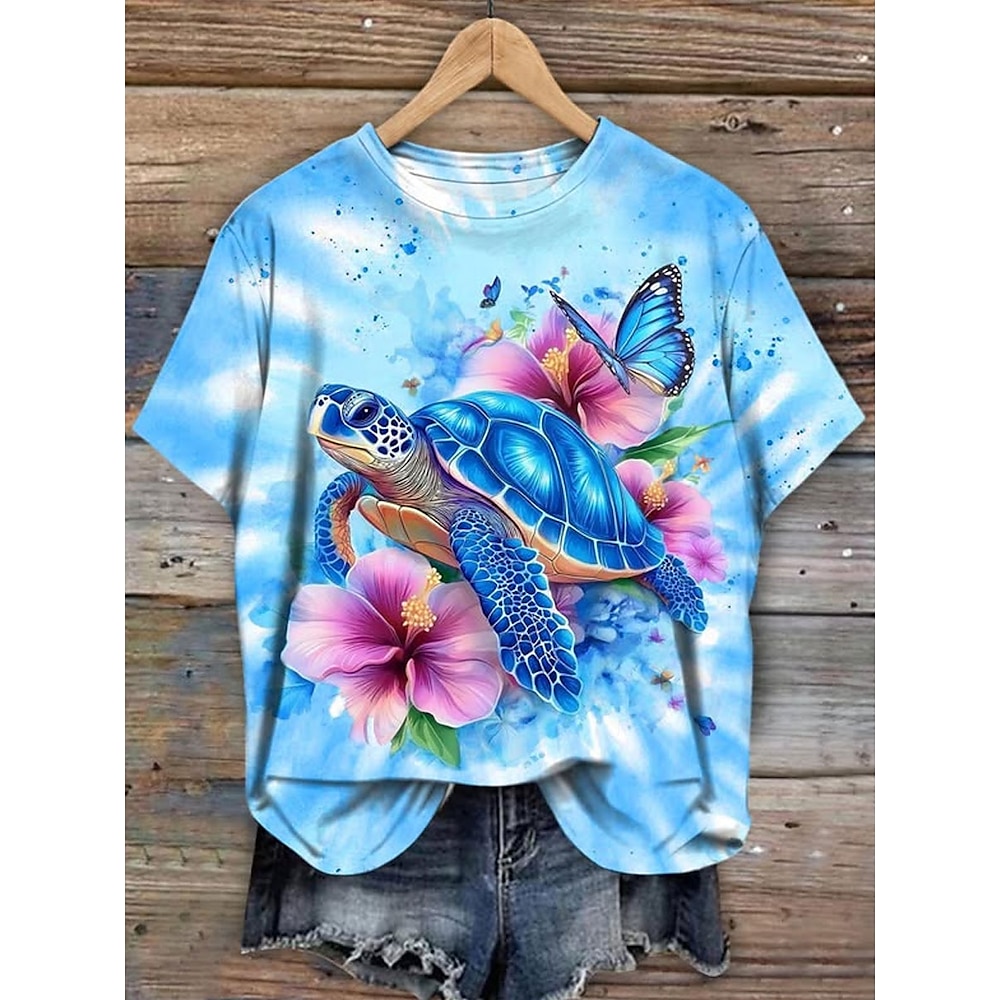 Damen T Shirt Graphic Ozean Meeresschildkröte Stilvoll Brautkleider schlicht Kurzarm Rundhalsausschnitt Normale Oberteile Täglich Wochenende Bedruckt Blau Sommer Frühling Lightinthebox