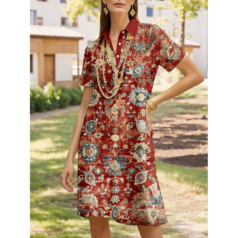 Damen Midikleid A Linie Kleid Urlaub Lässig Täglich Date Normale Passform Grafik Geometrisch Kurzarm Hemdkragen Wein Sommer Lightinthebox