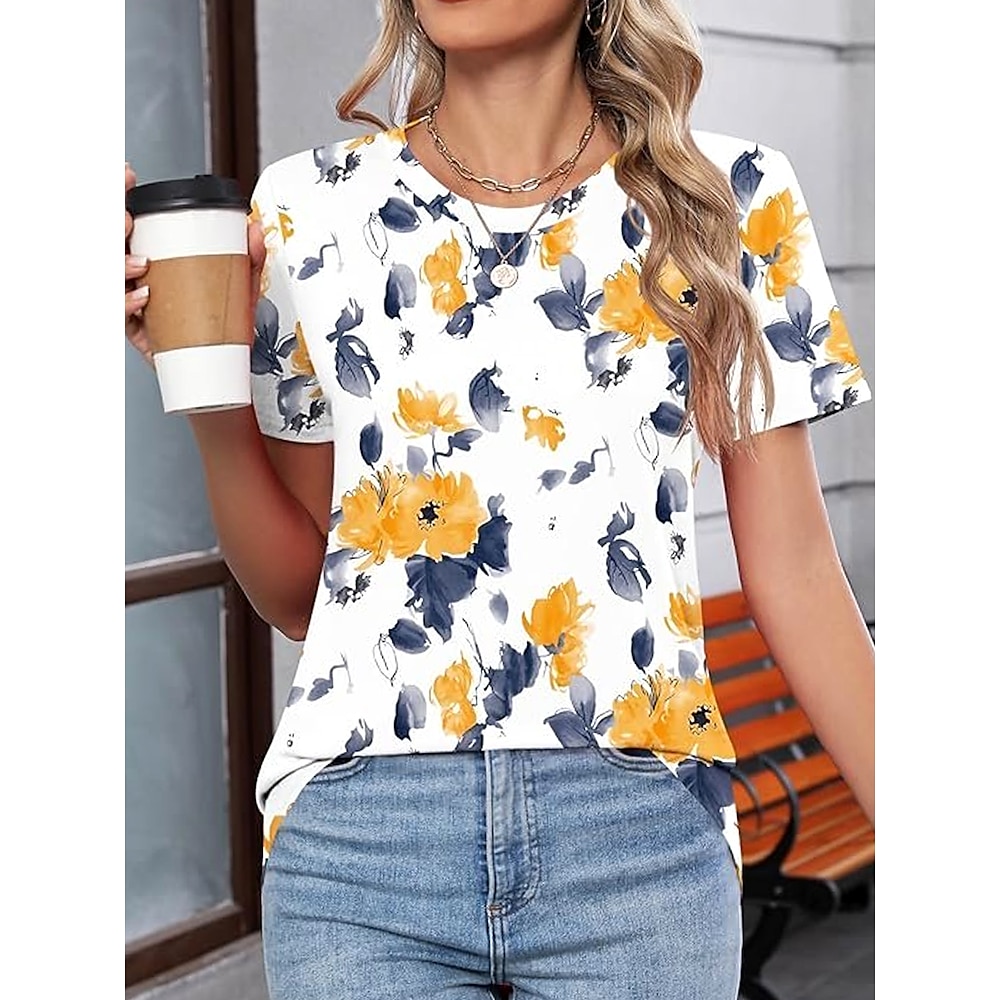 Damen T Shirt Blumen Grafik Stilvoll Lässig Kurzarm Rundhals Normale Oberteile Täglich Wochenende Druck Gelb Sommer Frühling Lightinthebox