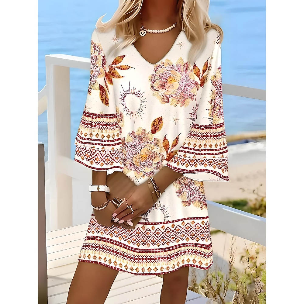 Damen Minikleid Sommerkleid A Linie Kleid Rüschenkleid Urlaub Lässig Boho Urlaub Täglich Ausgehen Normale Passform Blumen Grafik Tropisch Dreiviertelarm V Ausschnitt Gelb Sommer Frühling Lightinthebox