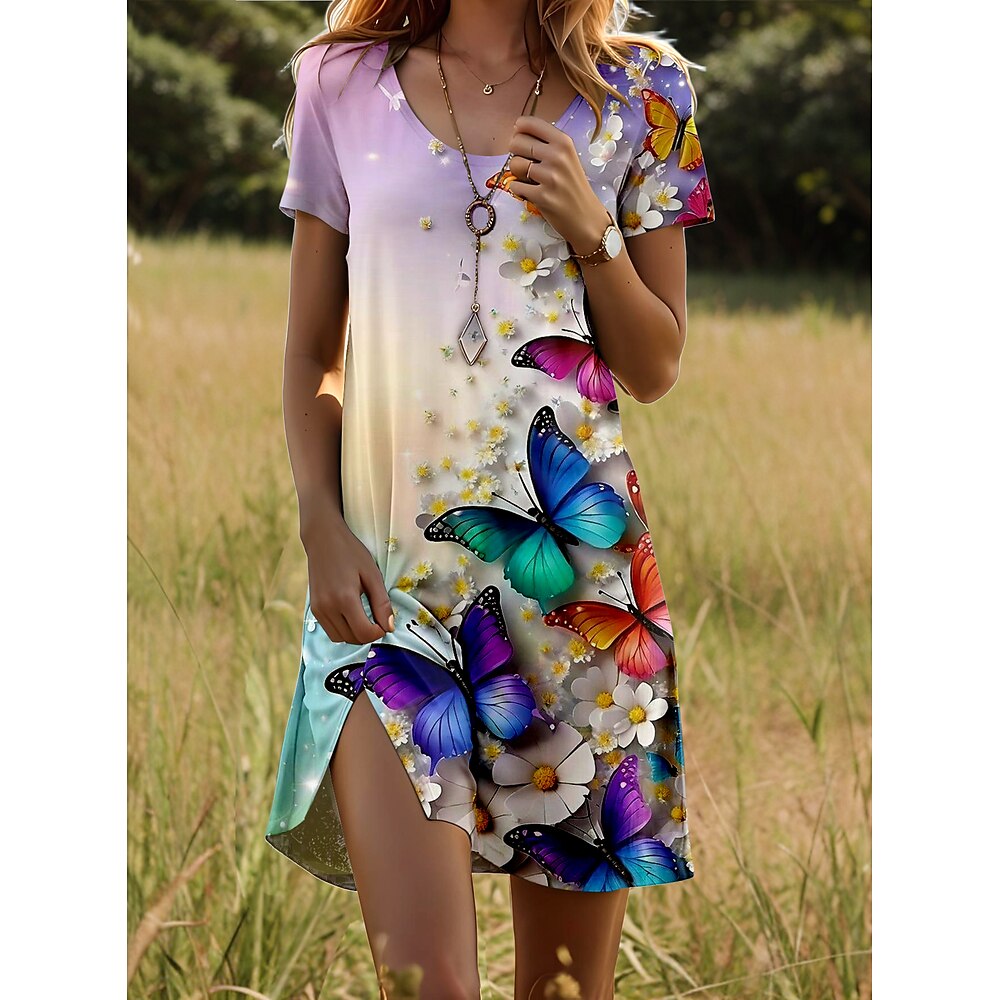 Damen Minikleid T-Shirt-Kleid A Linie Kleid Sommerkleid Urlaub Lässig Täglich Wochenende Normale Passform Grafik Schmetterling Kurzarm Rundhalsausschnitt Violett Sommer Frühling Lightinthebox