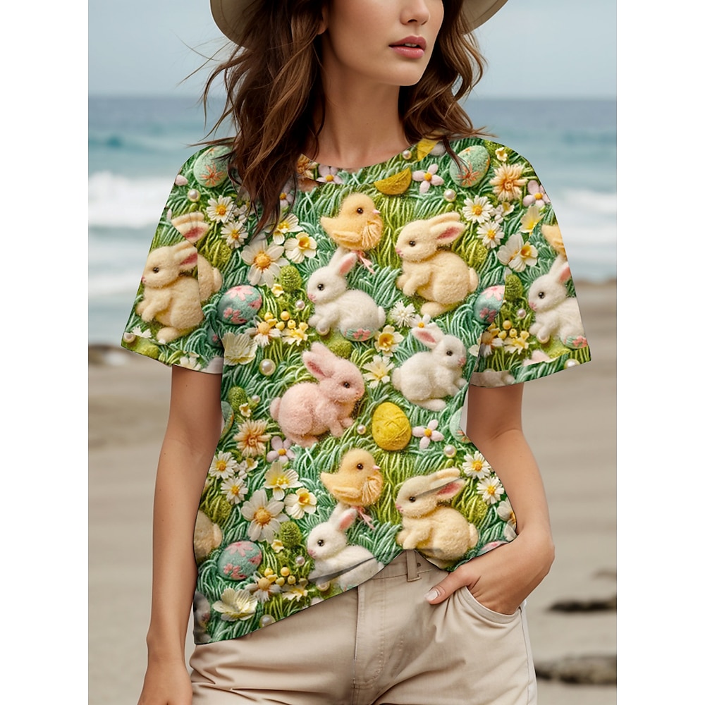 Ostern Damen T Shirt Blumen Grafik Tiermotiv Lässig Kurzarm Rundhals Normale Oberteile Täglich Druck Hellgrün Sommer Lightinthebox