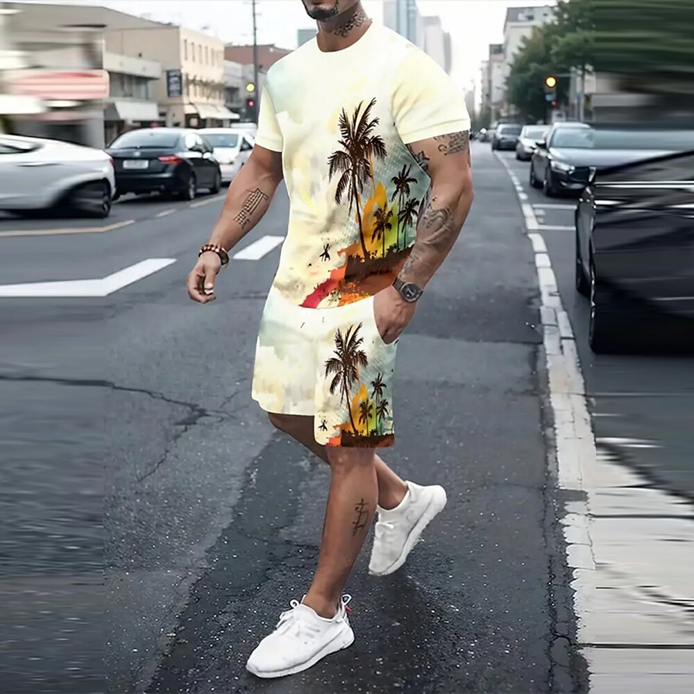 Herren Sommer Palme 2St T-Shirts-Sets Sommeroberteile Kurzarm Kurze Hosen Rundhalsausschnitt Urlaub Lässig Outdoor Urlaub Sport 3D-Druck Gelb Lightinthebox