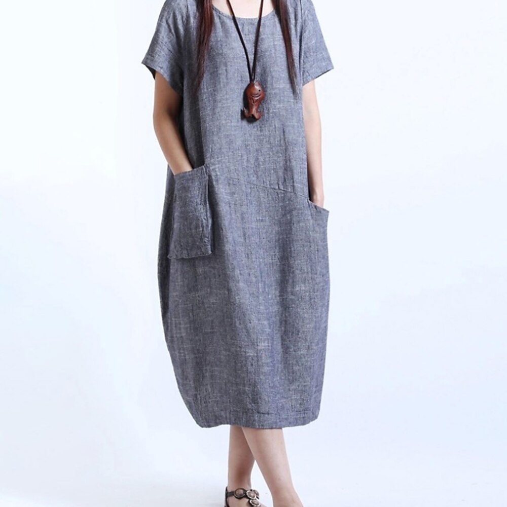 Damen Midikleid Baumwoll-Leinenkleid Mode Basic Klassisch Outdoor Täglich Wochenende Normale Passform Einfach Kurzarm Rundhalsausschnitt Grau Sommer Lightinthebox