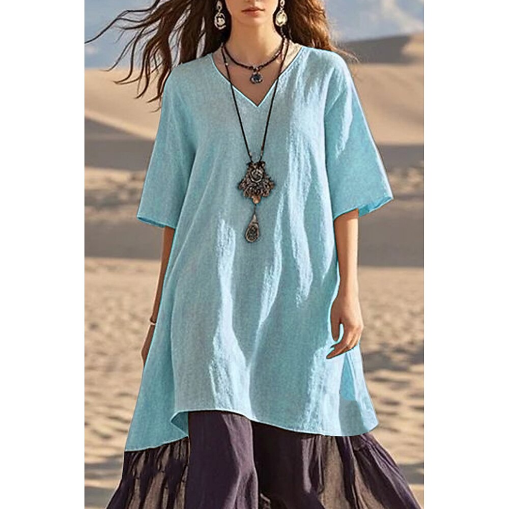 Damen Midikleid Baumwoll-Leinenkleid Mode Basic Modern Outdoor Täglich Ferien Normale Passform Farbblock Halbarm V Ausschnitt Schwarz Weiß Orange Leicht Blau Sommer Lightinthebox
