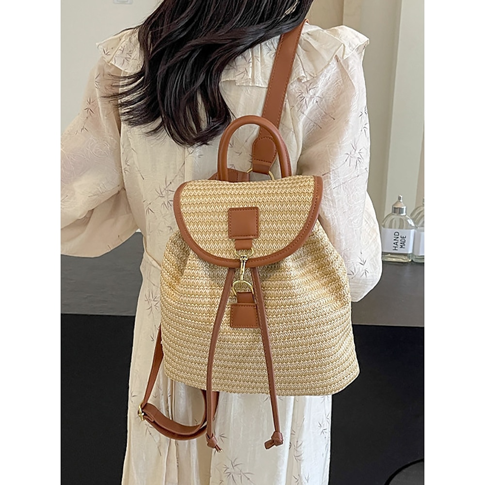 Strohrucksack für Damen - Boho-Reisetasche aus gewebtem Rattan mit Lederriemen, schicker Sommer-Strandrucksack, lässige Handtasche für den Urlaub und den täglichen Gebrauch, weiß, rosa, braun Lightinthebox