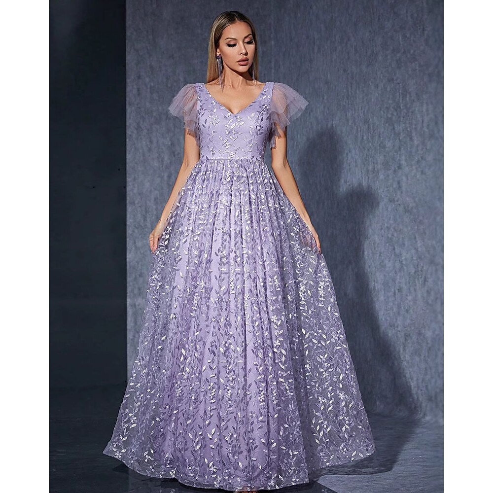 Kleid Brautmutterkleid Elegant Lässig V Ausschnitt Bodenlang Polyester Kurzarm mit Blume 2025 Lightinthebox