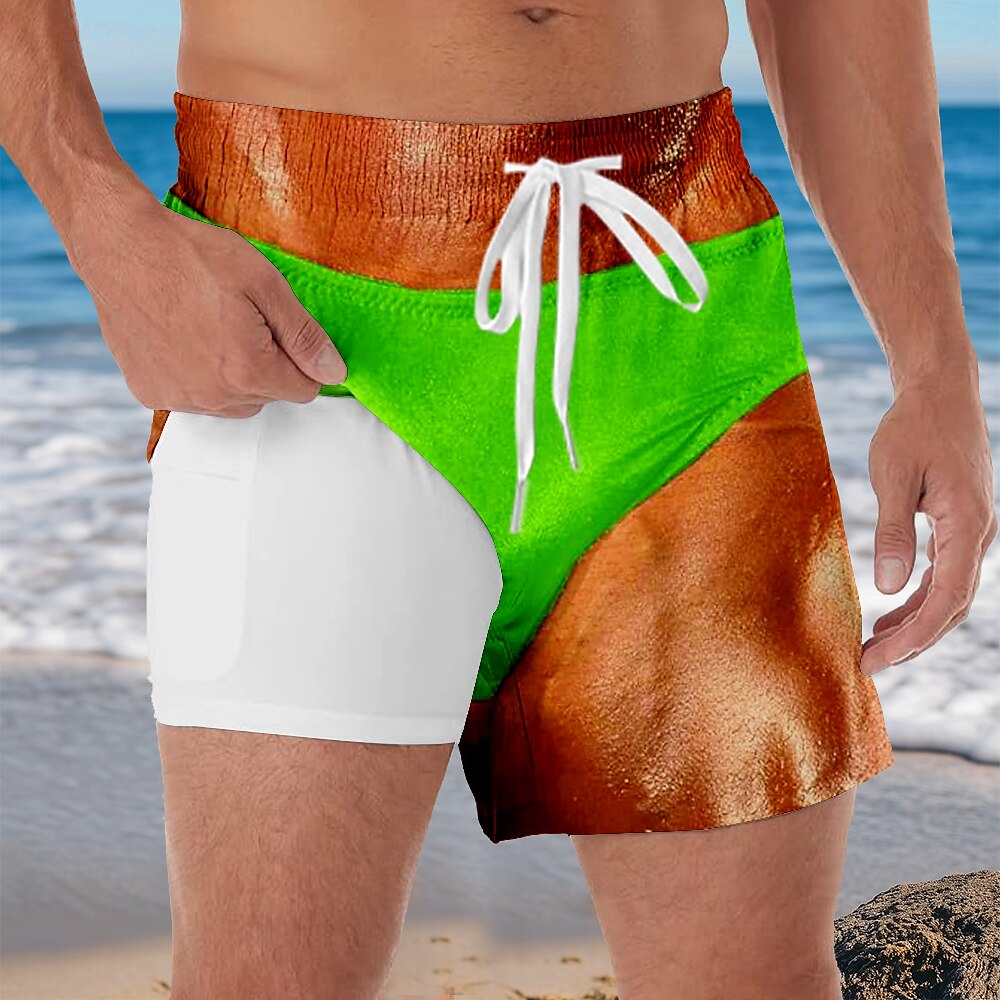 Herren Farbblock Lustig Kostüm Gefütterte Shorts 2 in 1 Badeshorts Badeshorts Mittlere Taille Hawaiianisch Urlaub Strandbekleidung Seitentaschen Mit Kompressionsfutter Elastischer Kordelzug in der Lightinthebox