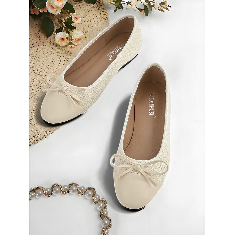 Cremefarbene Ballerinas mit Schleife für Damen - bequeme Schlupfschuhe mit runder Spitze für den Alltag und lockere Verabredungen Lightinthebox