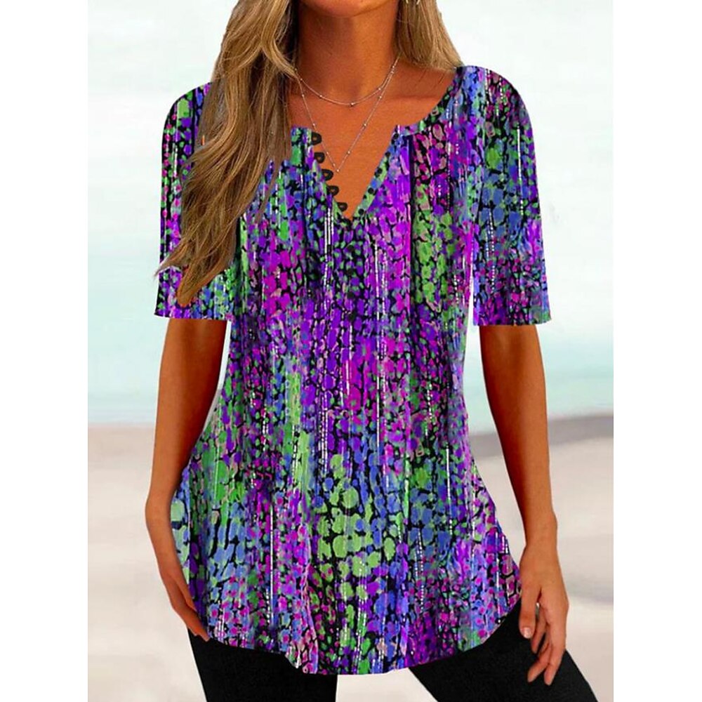 Damen T Shirt Ombre Blumen Basic Kurzarm Rundhals Normale Oberteile Täglich Ausgehen Wochenende Knöpfe Druck Blau Purpur Fuchsie Sommer Frühling Lightinthebox