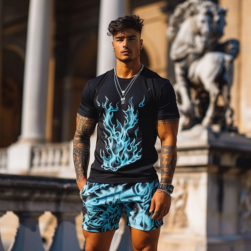 Herren Sommer Grafik 2St T-Shirts-Sets Sommeroberteile Kurzarm Kurze Hosen Rundhalsausschnitt Sport Lässig Outdoor Urlaub Sport 3D-Druck Rubinrot Lightinthebox