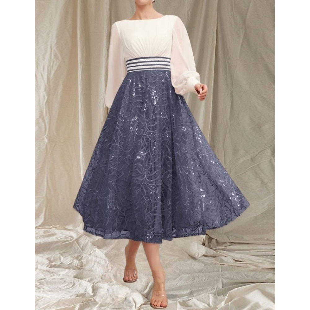 A-Linie Brautmutterkleid Hochzeitsgast Elegant Rundhalsausschnitt Tee-Länge Chiffon Spitze Langarm mit Perlenstickerei Raffung 2025 Lightinthebox