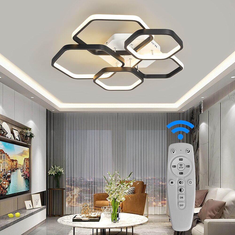 Moderne, kreative LED-Deckenleuchte mit 3 Köpfen, 52 W, 5 Köpfen, 80 W, stufenlosem Dimmen, Fernbedienung und App, sechseckige LED-Deckenleuchte, geeignet für Schlafzimmer, Wohnzimmer, Esszimmer und Lightinthebox