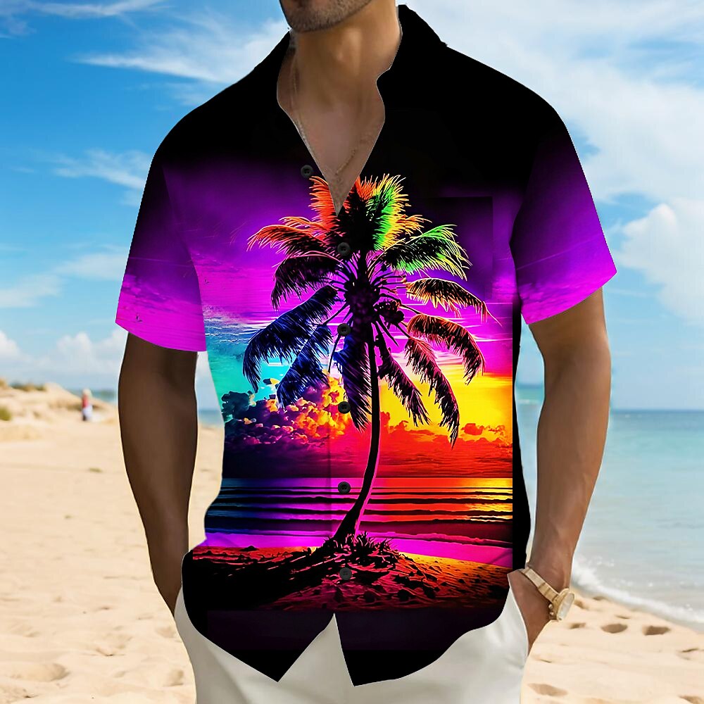Herren Kokospalme Landschaft Tropische Pflanzen Hemd Sommer Hawaiihemd Knopfhemd Kurzarm Hawaiianisch Urlaub Ferien Strandbekleidung Sommer Umlegekragen 3D-Druck Hemden mit Kragen Eine Tasche vorne Lightinthebox