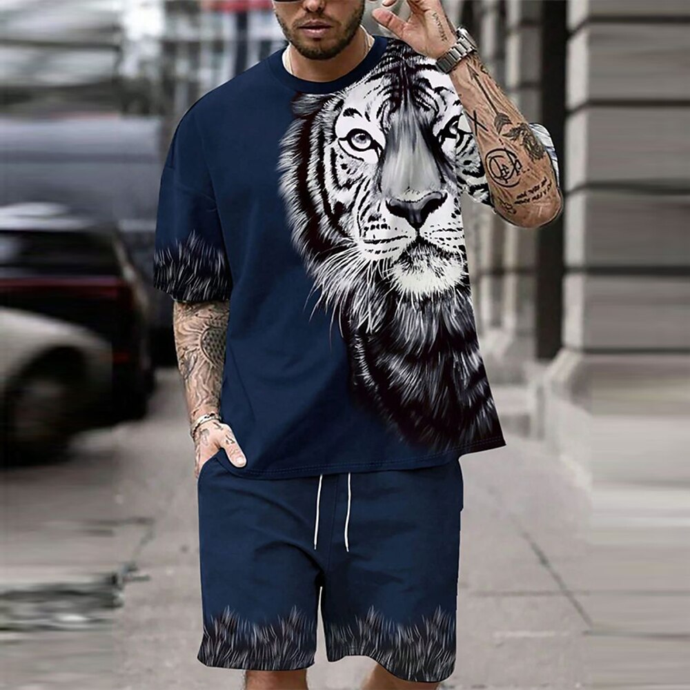 Herren Sommer Tiger 2St T-Shirts-Sets Sommeroberteile Kurzarm Kurze Hosen Rundhalsausschnitt Sport Lässig Outdoor Urlaub Sport 3D-Druck Grau Dunkel Blau Rot Lightinthebox