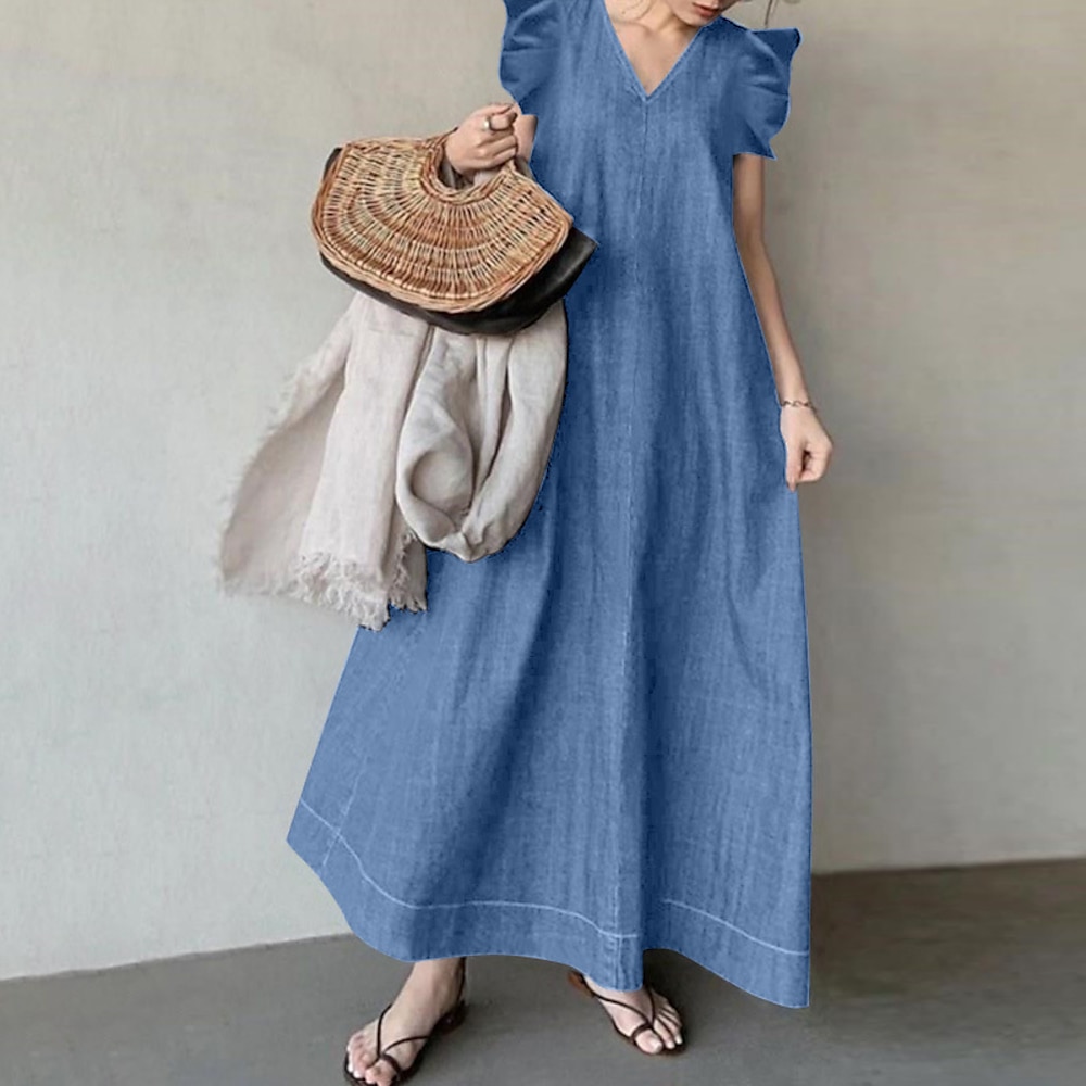 Damen Midikleid Jeanskleider Baumwoll-Leinenkleid Modisch Klassisch Modern Täglich Ausgehen Strand Regular Fit Glatt Kurzarm V Ausschnitt Schwarz Dunkelblau Leicht Blau Sommer Lightinthebox