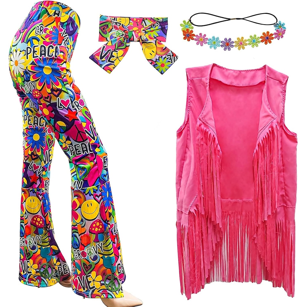 4-tlg. 60er 70er Hippie Kostüm Disco Outfits Fransenweste Boho Schlaghose Peace Accessoires Set Halloween für Damen Lightinthebox